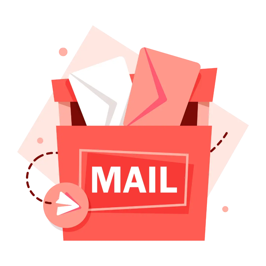 Red mailbox with envelopes and the word 'MAIL' on the front